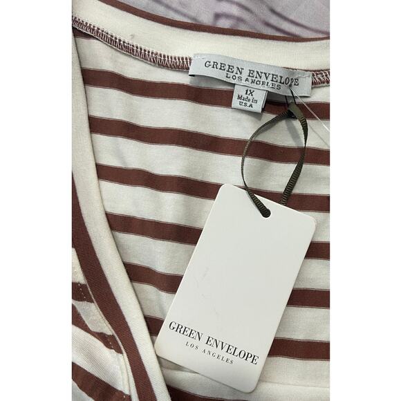 Green Envelope Shirt Womens 1X Striped Short Puff Sleeves Stretch V Neckline NEW - Picture 2 of 10